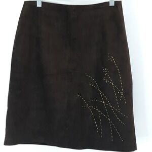 Ann Taylor LOFT Brown Leather Suede Skirt Size 8P Embroidery & Eyelet Accents